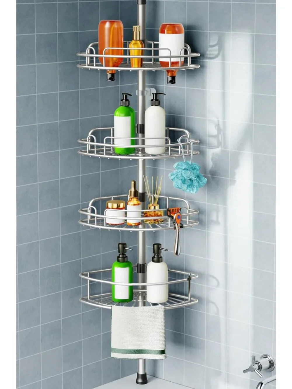 4-Tier Rustproof Shower Caddy Tension Pole - Adjustable No-Drill Bathroom